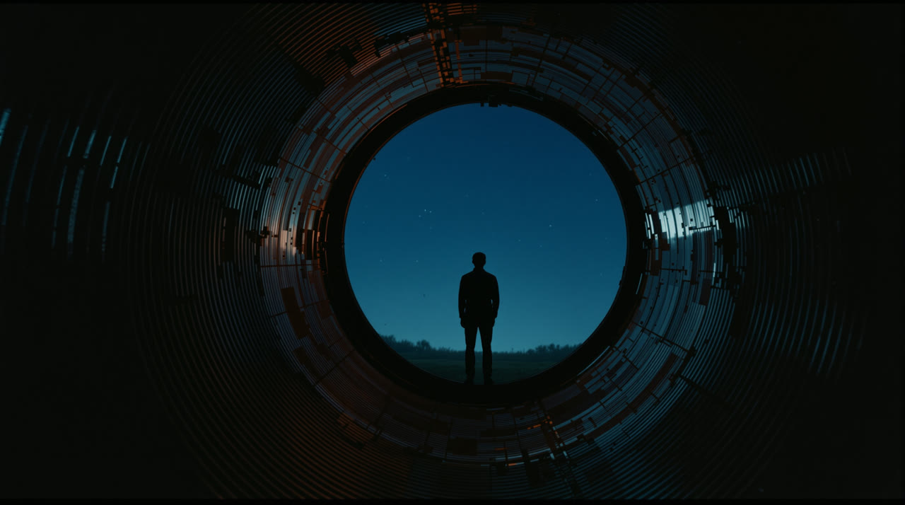 The can from inside. Boy silhouetted in the cylinder, cobalt sky through the opening.