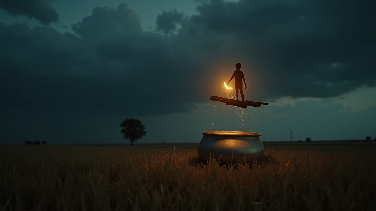 The porch detaches. Boy on a plank above the can, firefly in hand, cobalt sky.