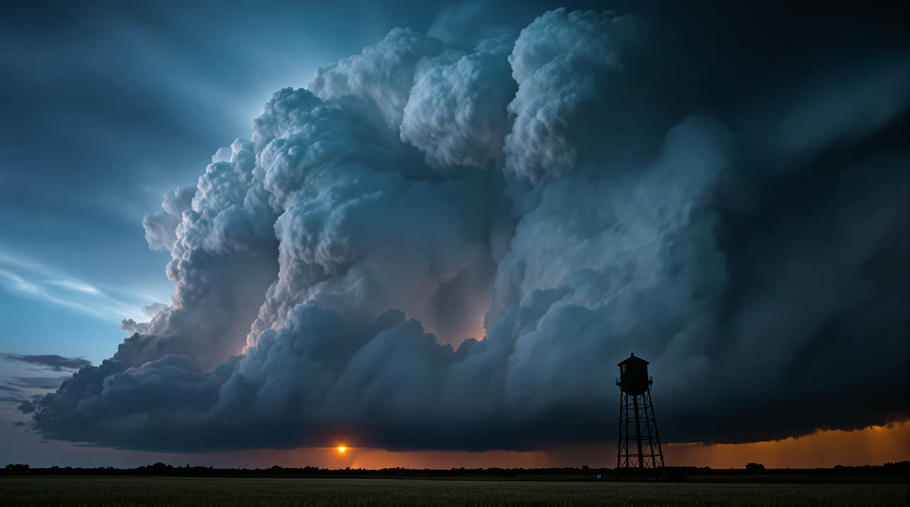 Supercell over the water tower. Nickerson establishing. The sky dwarfs everything.