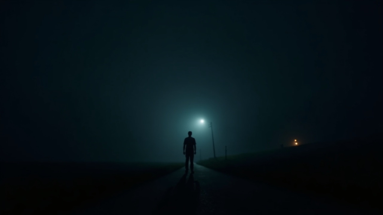 The hospital road. One cold streetlight, figure silhouetted, amber point in the distance.