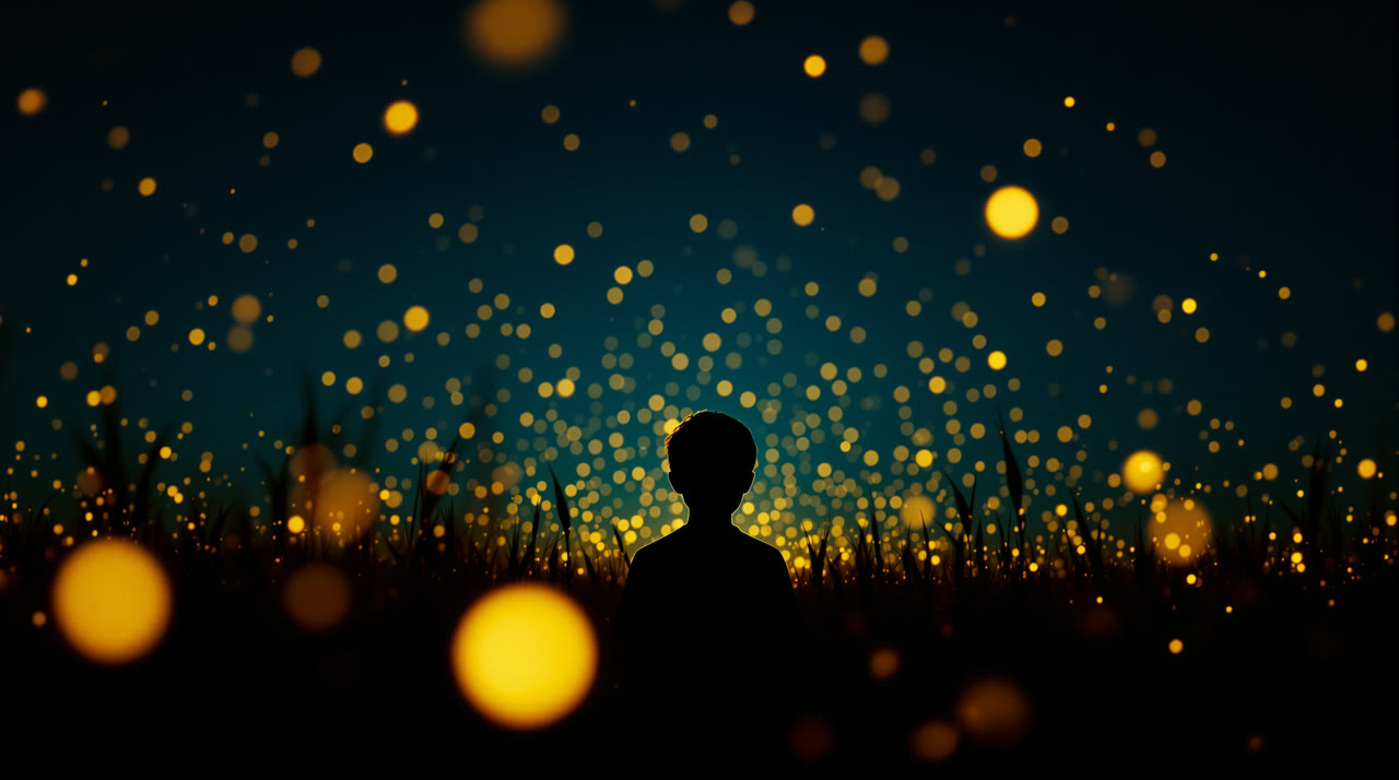 Abundance. The boy surrounded by fireflies, cobalt sky, amber bokeh.
