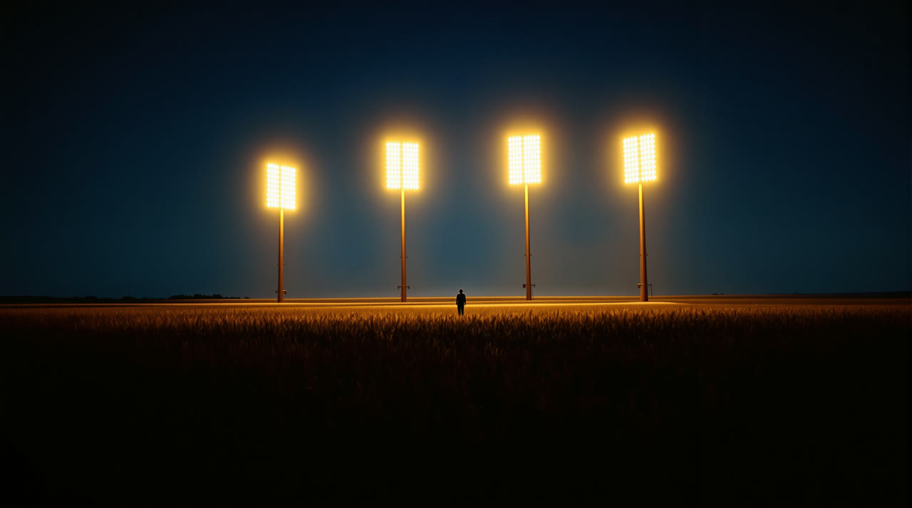 Firefly towers. Four amber columns in the wheat. The stadium is not a building.