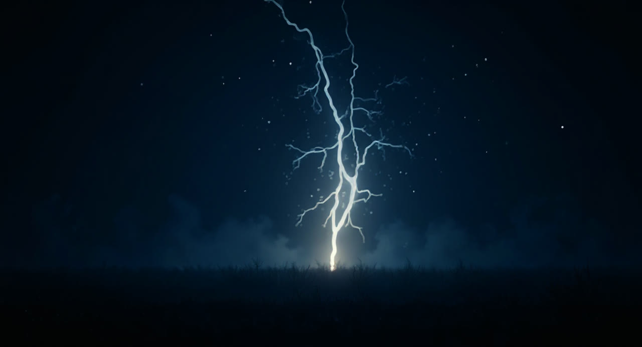 Lightning strike. Cold cobalt bolt, the field lit for one frame.