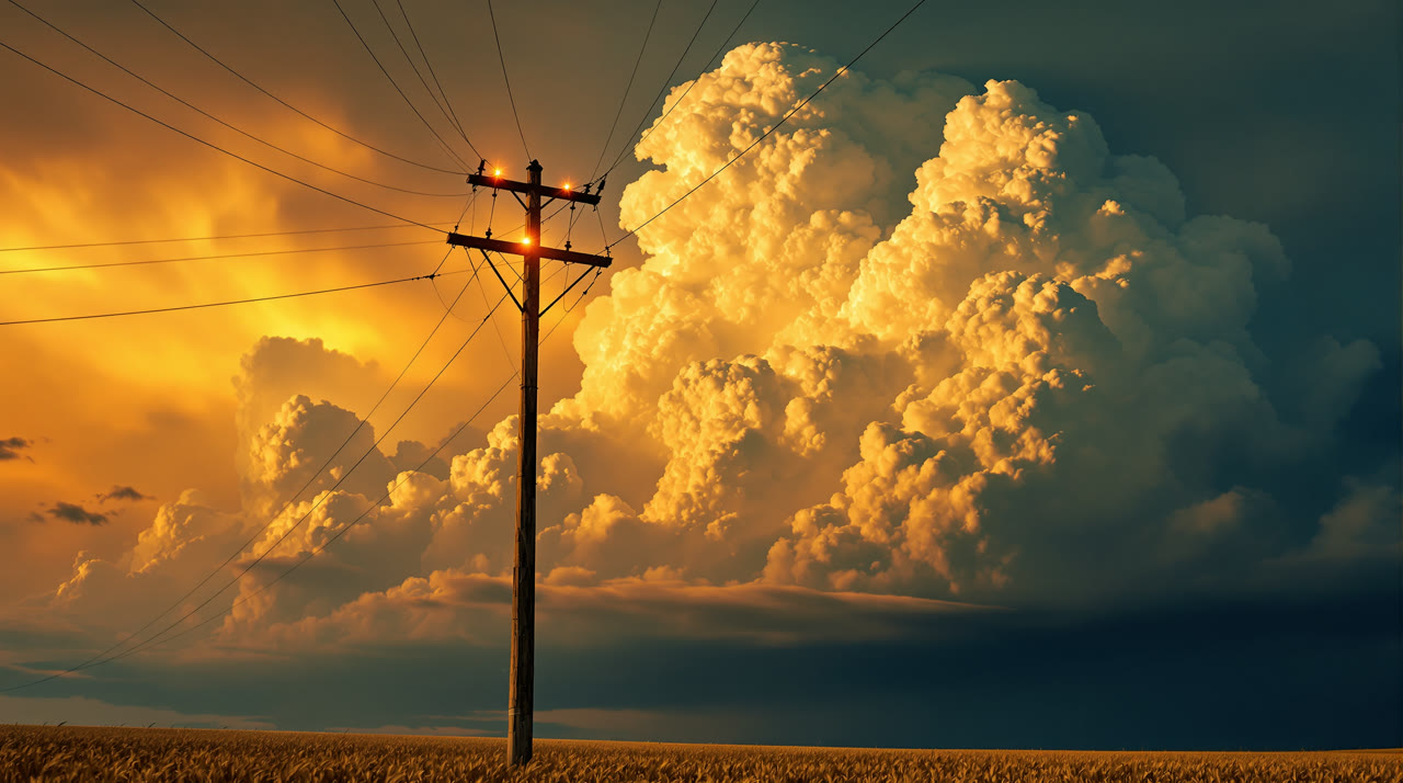 Aftermath. The big amber cumulus. The pole took the hit. The light is leaving.