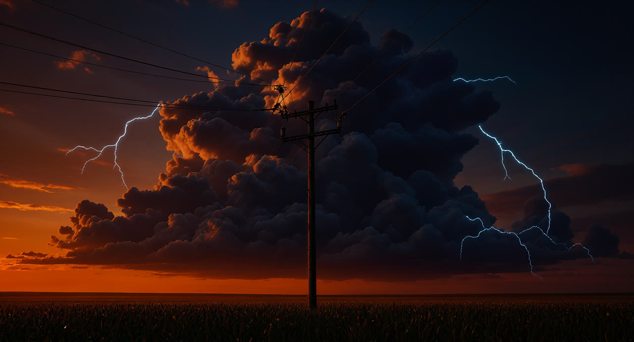 The transformer. Storm arriving, amber clouds stacking, cobalt lightning in the distance.