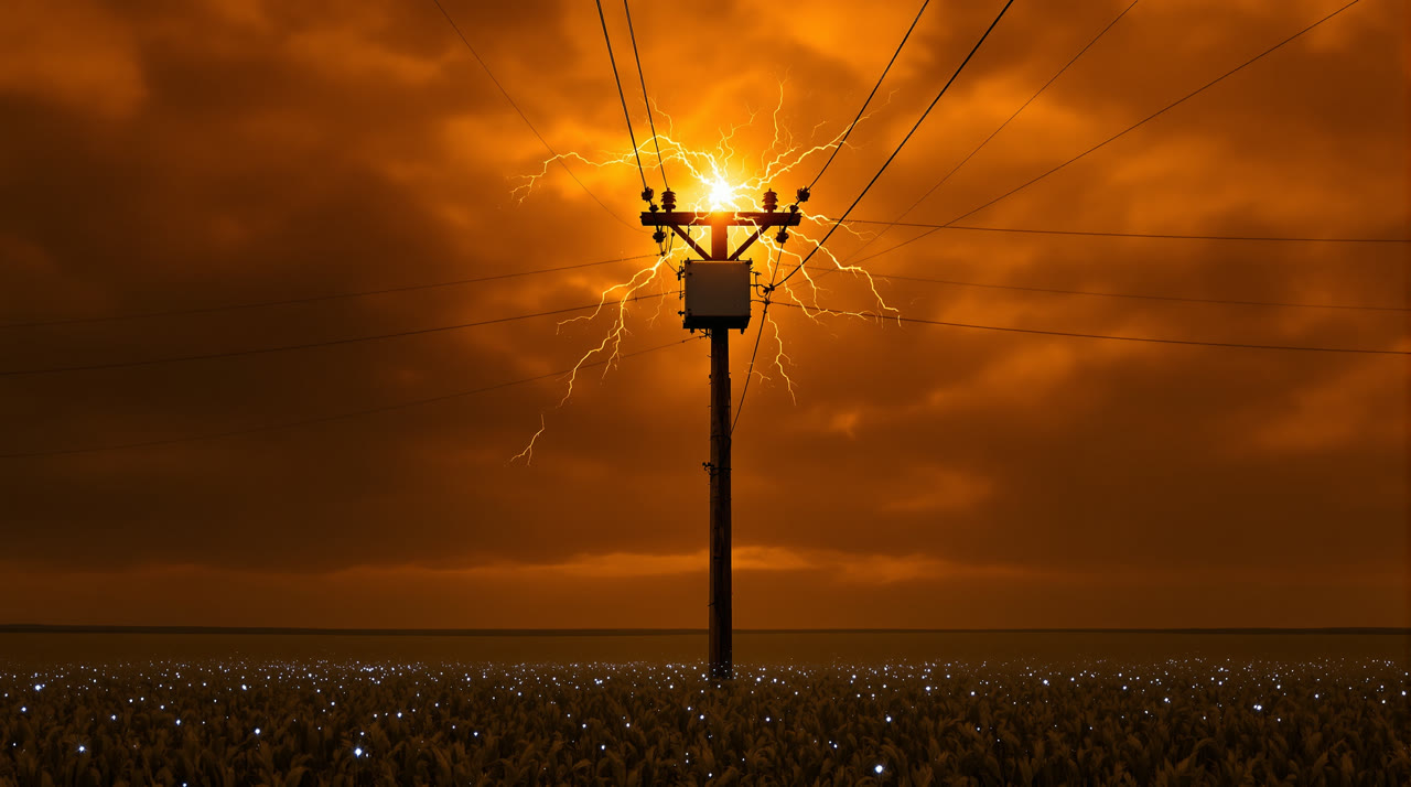 The strike. Full amber sky, bolt through the transformer. Both registers fire.