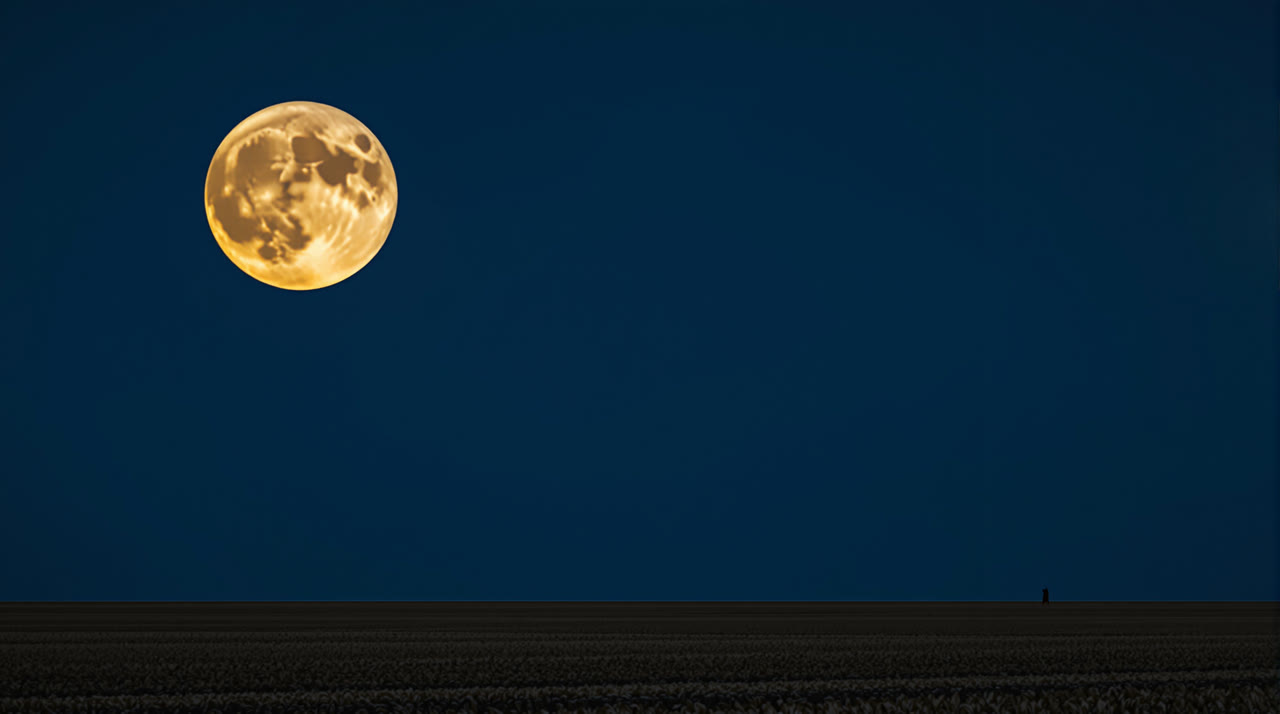 Return. Amber moon over flat cobalt field. The benchmark.