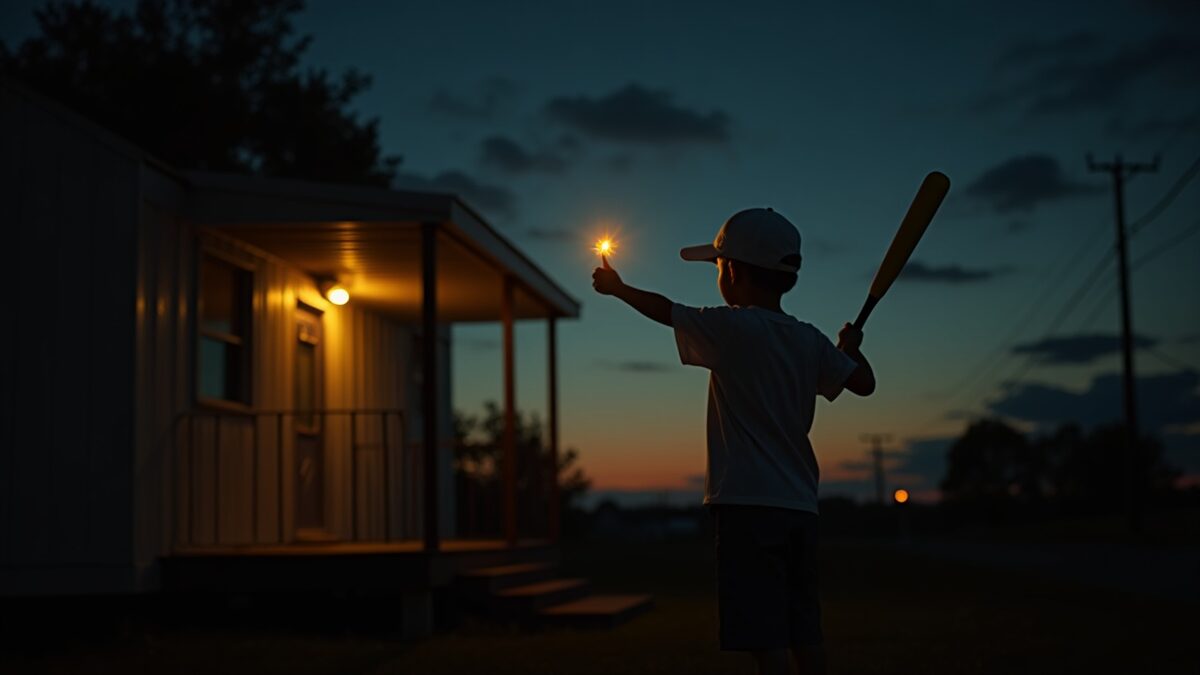 Boy on the porch, bat raised, firefly at the tip