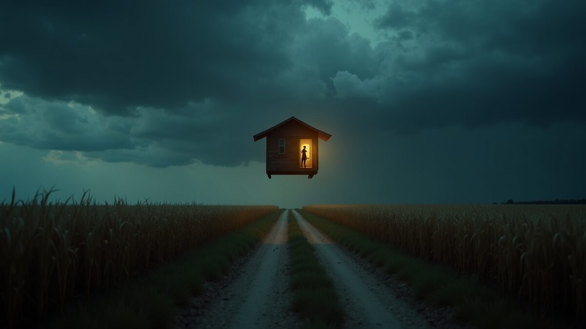 The porch lifts off into the field