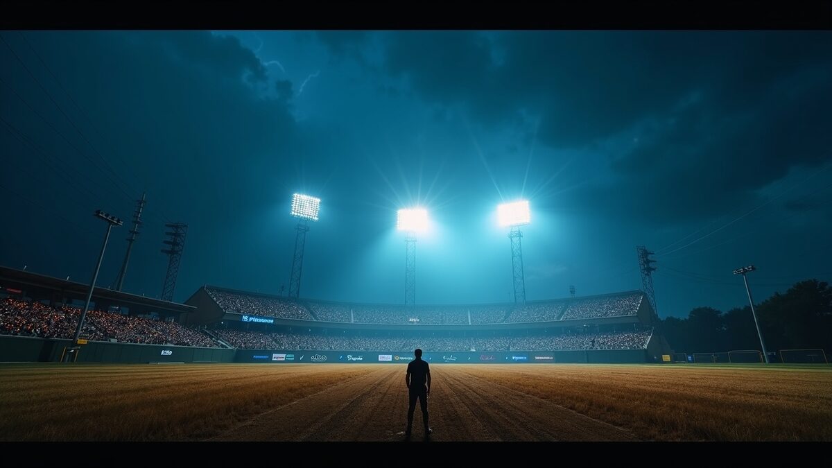 The stubble field transforms into a stadium of light