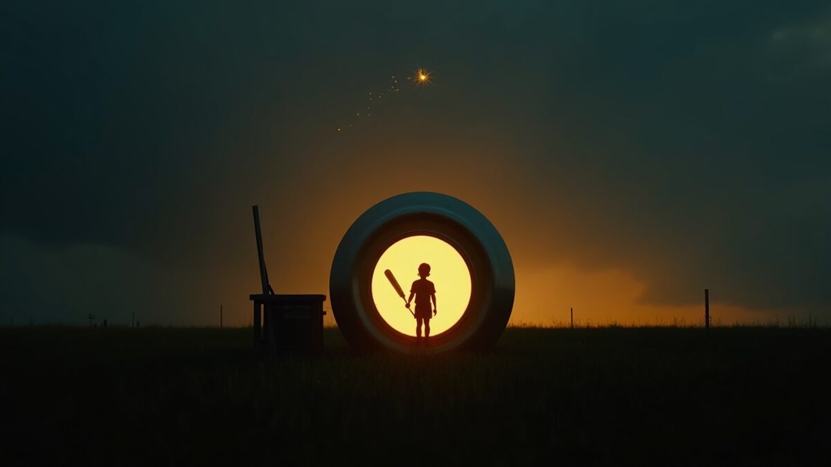 Boy stepping out of the can with a bat