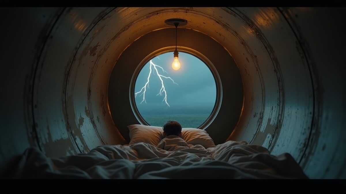 Inside the aluminum trailer during a storm