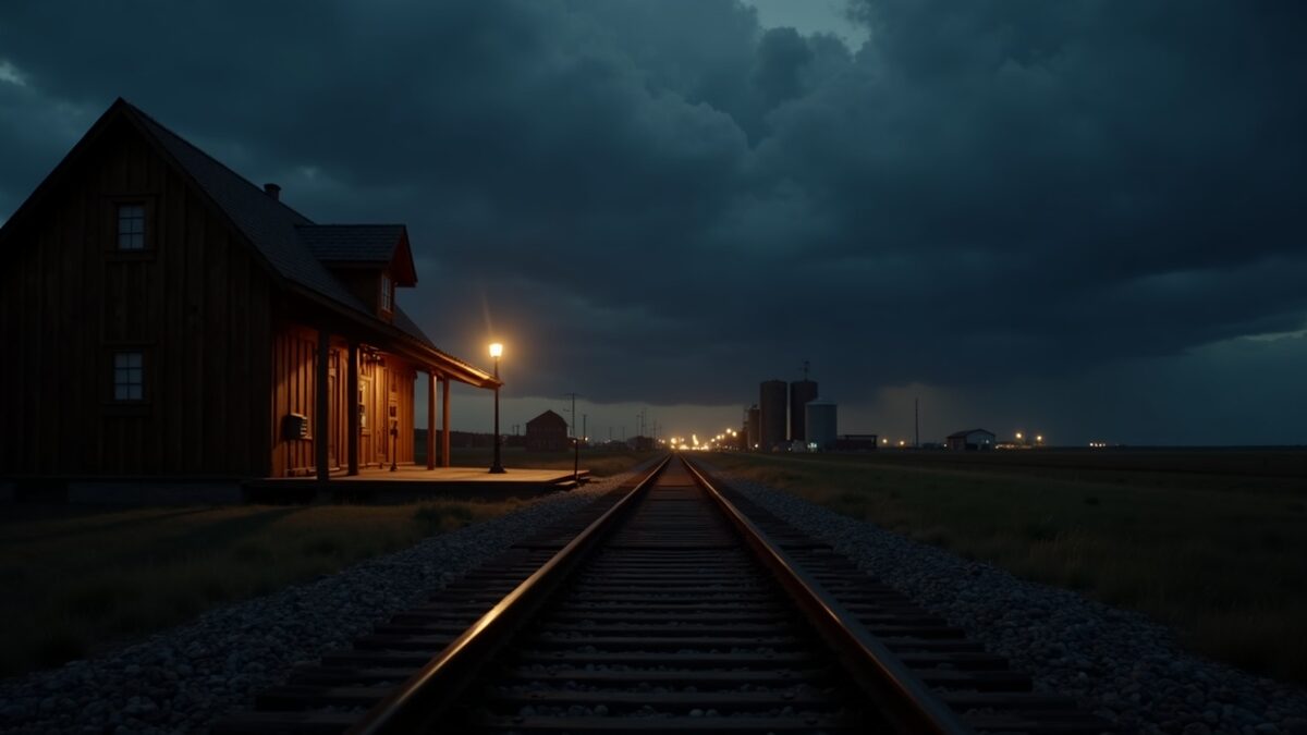 Railroad tracks approaching Nickerson at dusk