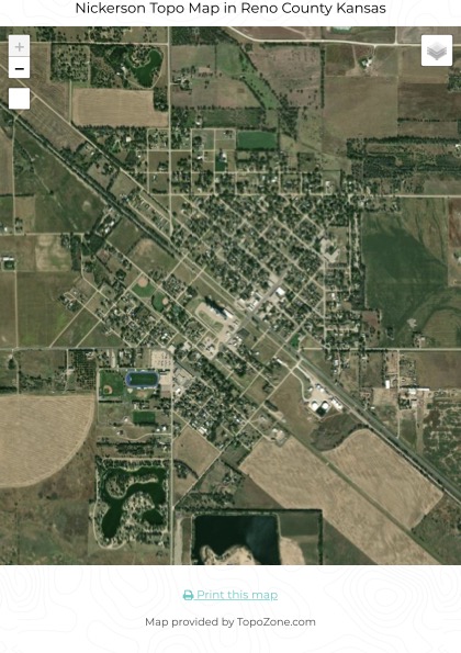 Satellite view of Nickerson, Kansas, with the ATSF rail line cutting northeast to southwest, Arkansas River to the south, Bull Creek to the north.