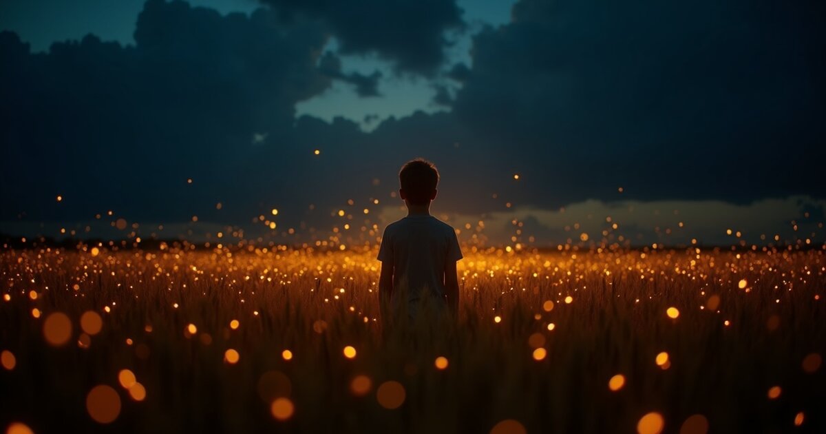 lightning/bug — a boy in a Kansas wheat field at dusk