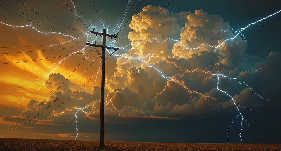 Shot 13 both registers firing — amber and cobalt lightning