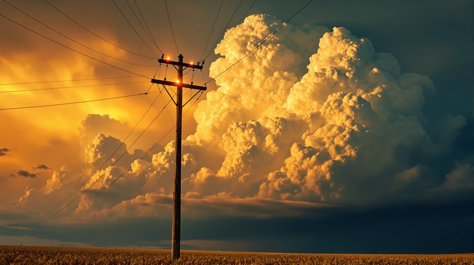 Shot 13 inverted with volumetric clouds — amber storm sky