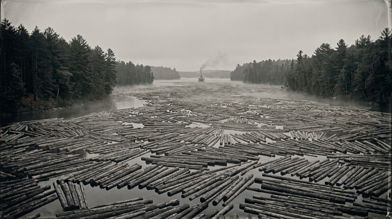 A log-choked bend of the St. Croix River at dawn, 1880s — thousands of felled timbers jam the water from bank to bank, mist rising off the surface, a distant plume of steamboat smoke against the pine treeline. Wet-plate tones.